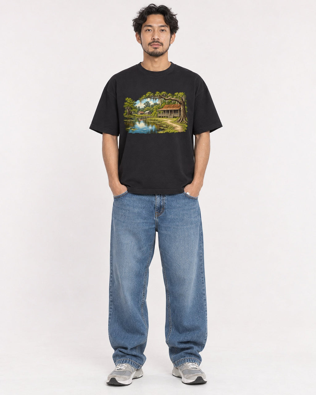 Mockup Boxy Heavyweight Tee Black male full-body 02