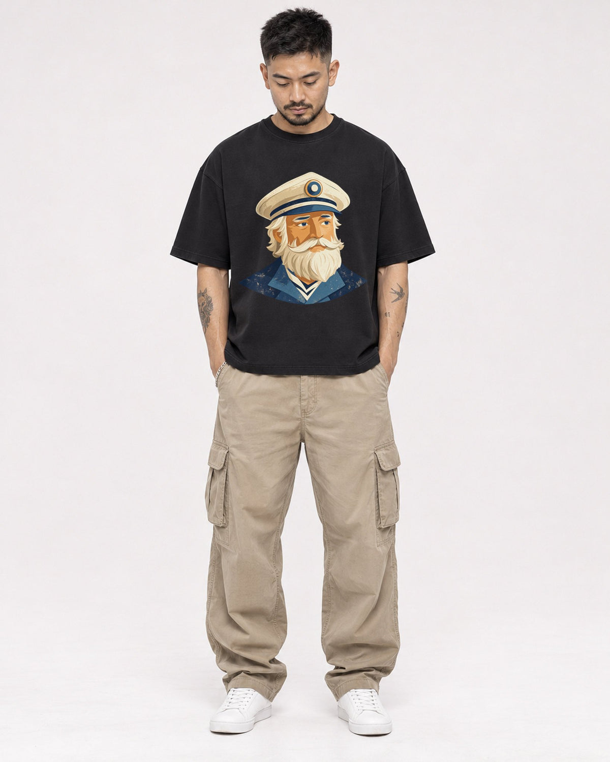 Mockup Boxy Heavyweight Tee Black male full-body 12