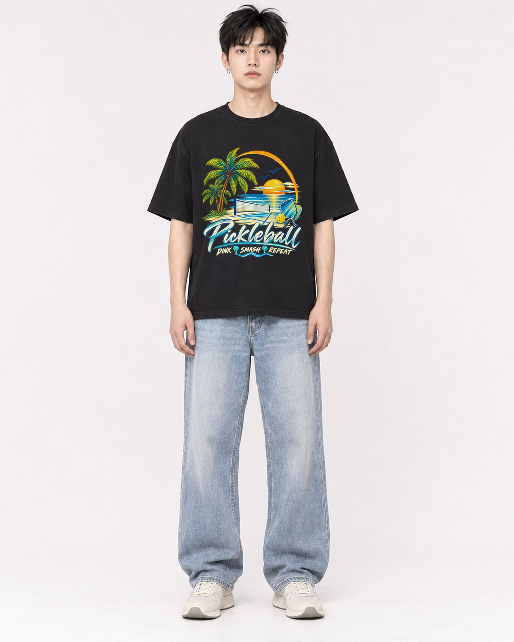 Mockup Boxy Heavyweight Tee Black male full-body 01