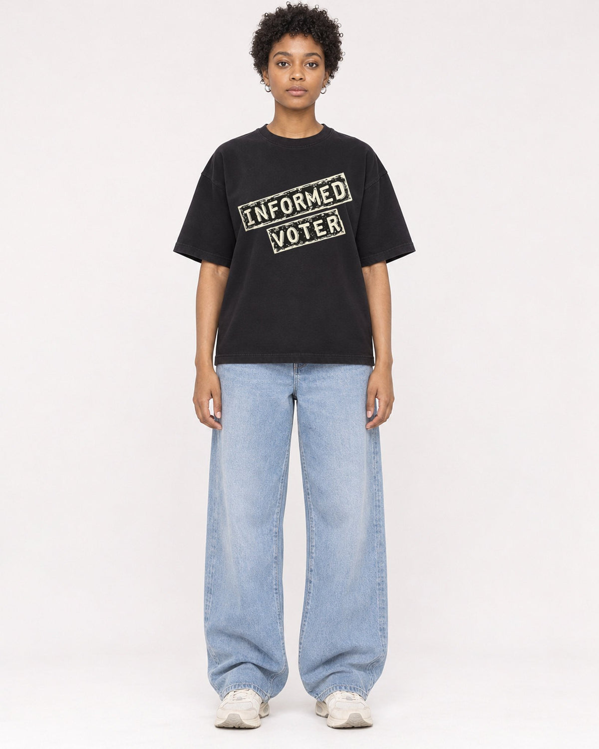 Mockup Boxy Heavyweight Tee Black female full-body 35