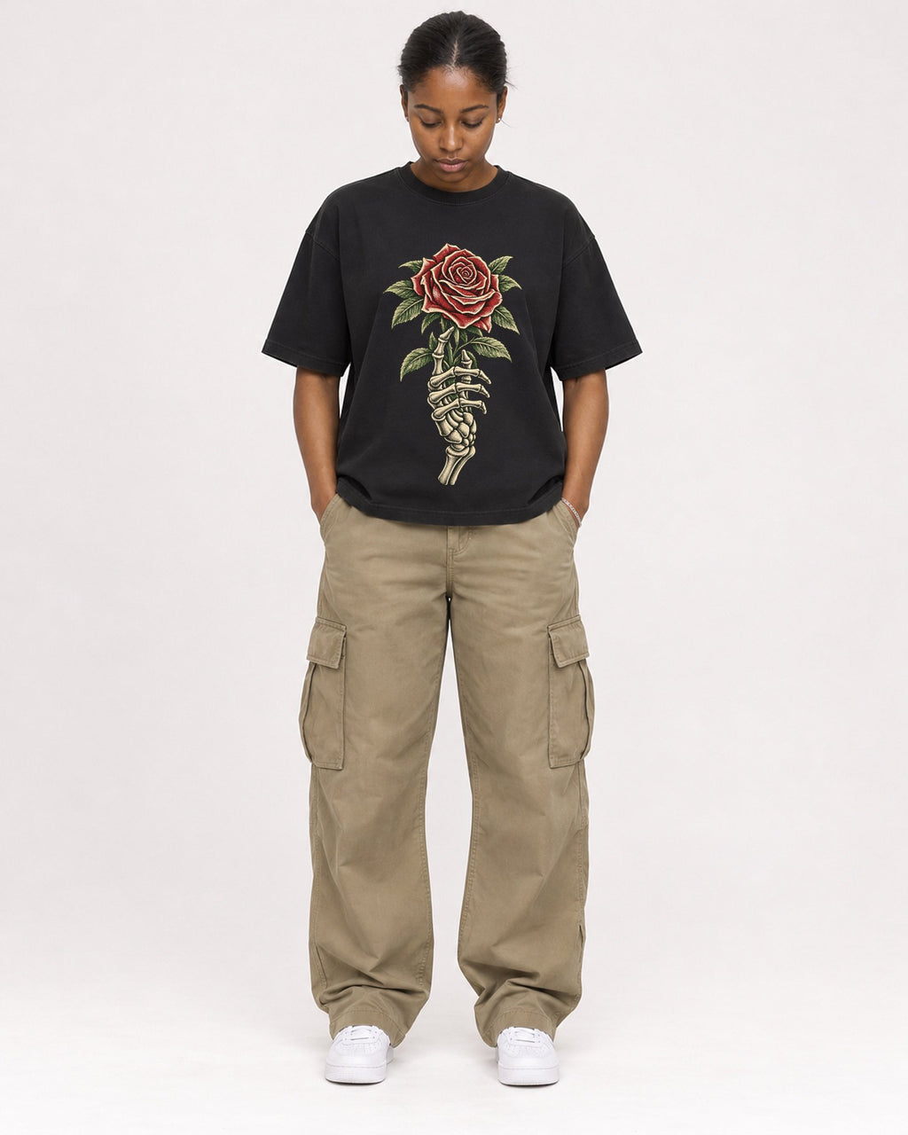 Mockup Boxy Heavyweight Tee Black female full-body 34