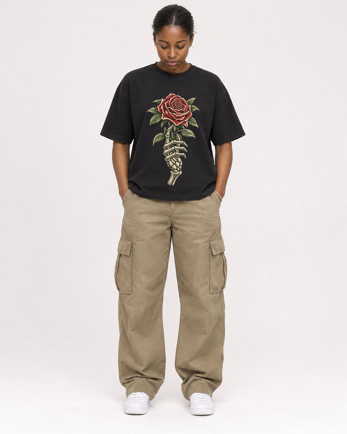 Mockup Boxy Heavyweight Tee Black female full-body 34