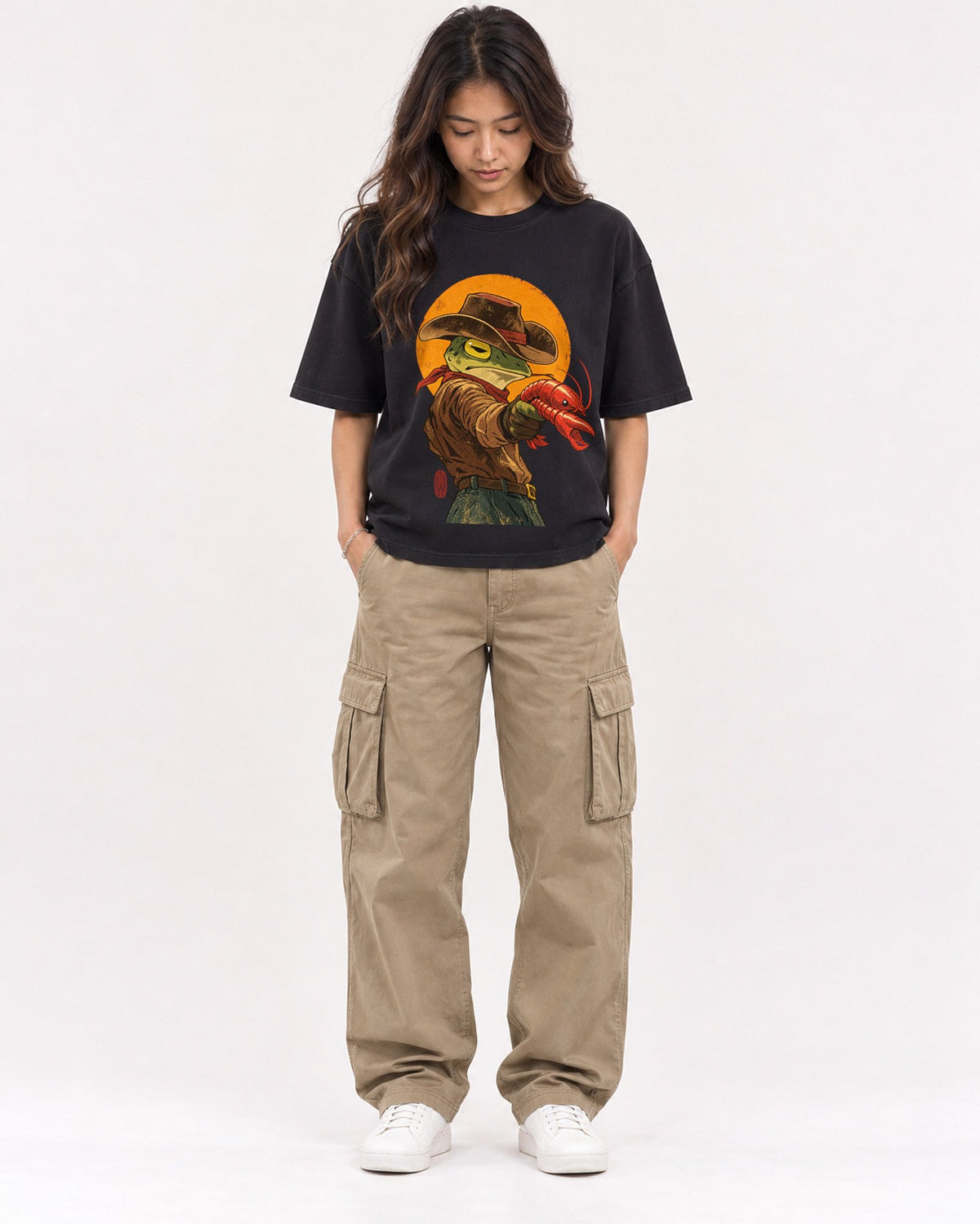 Mockup Boxy Heavyweight Tee Black female full-body 02