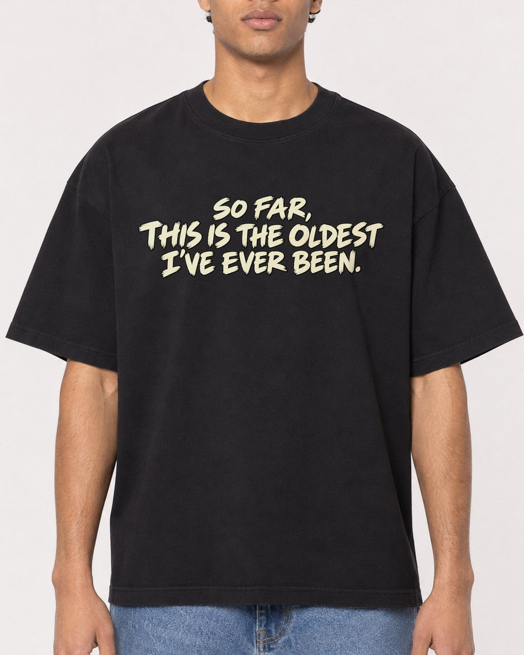 Mockup Boxy Heavyweight Tee Black male close-up 10