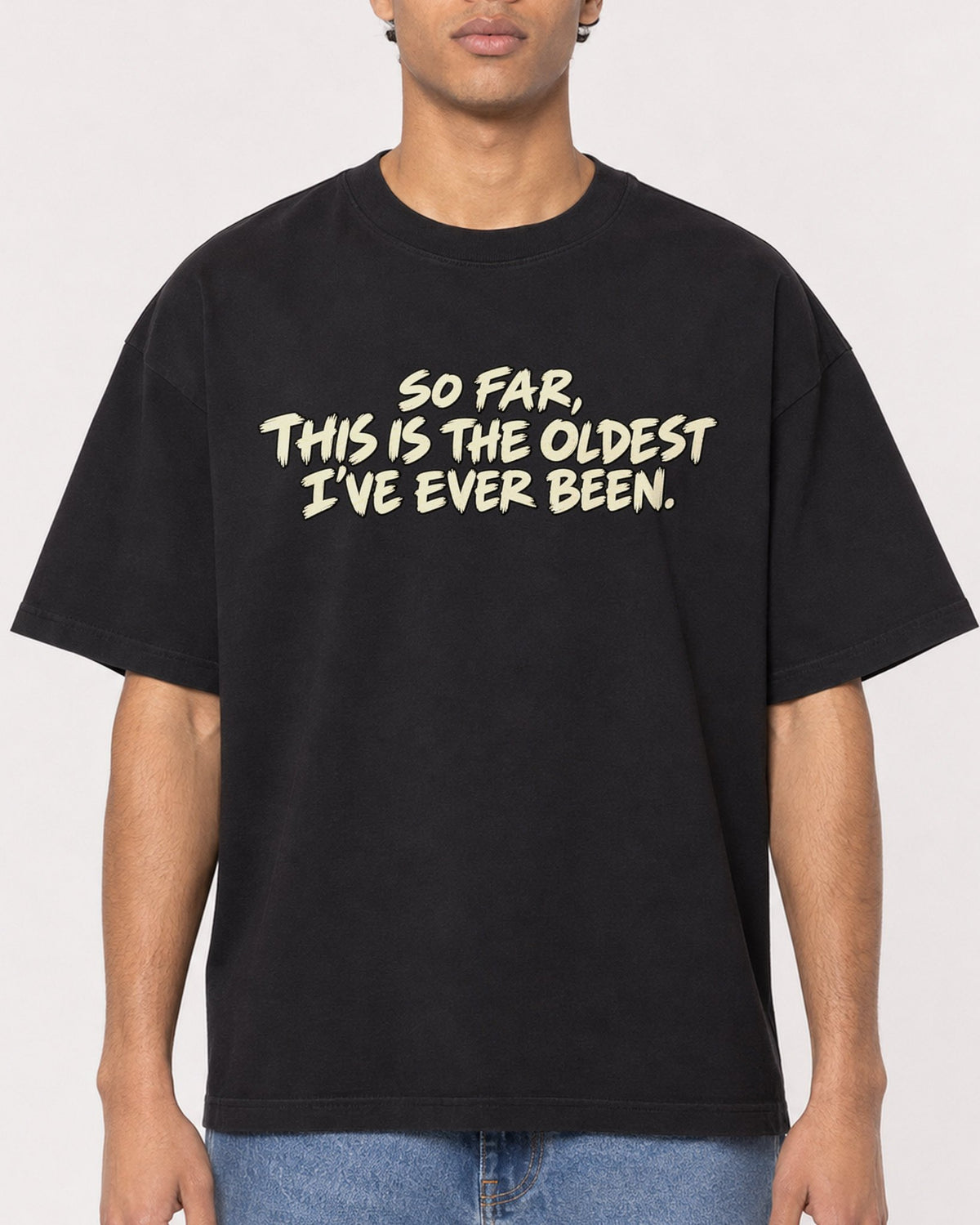 Mockup Boxy Heavyweight Tee Black male close-up 10