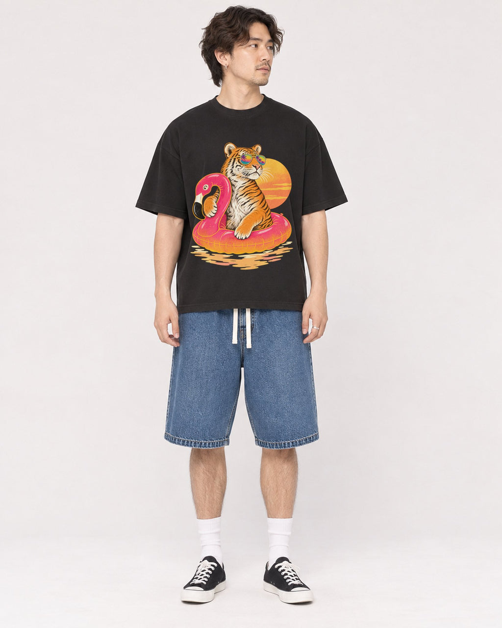 Mockup Boxy Heavyweight Tee Black male full-body 03