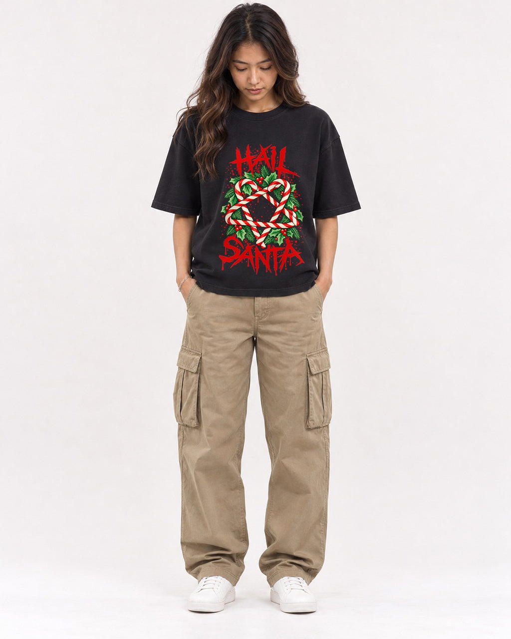 Mockup Boxy Heavyweight Tee Black female full-body 02