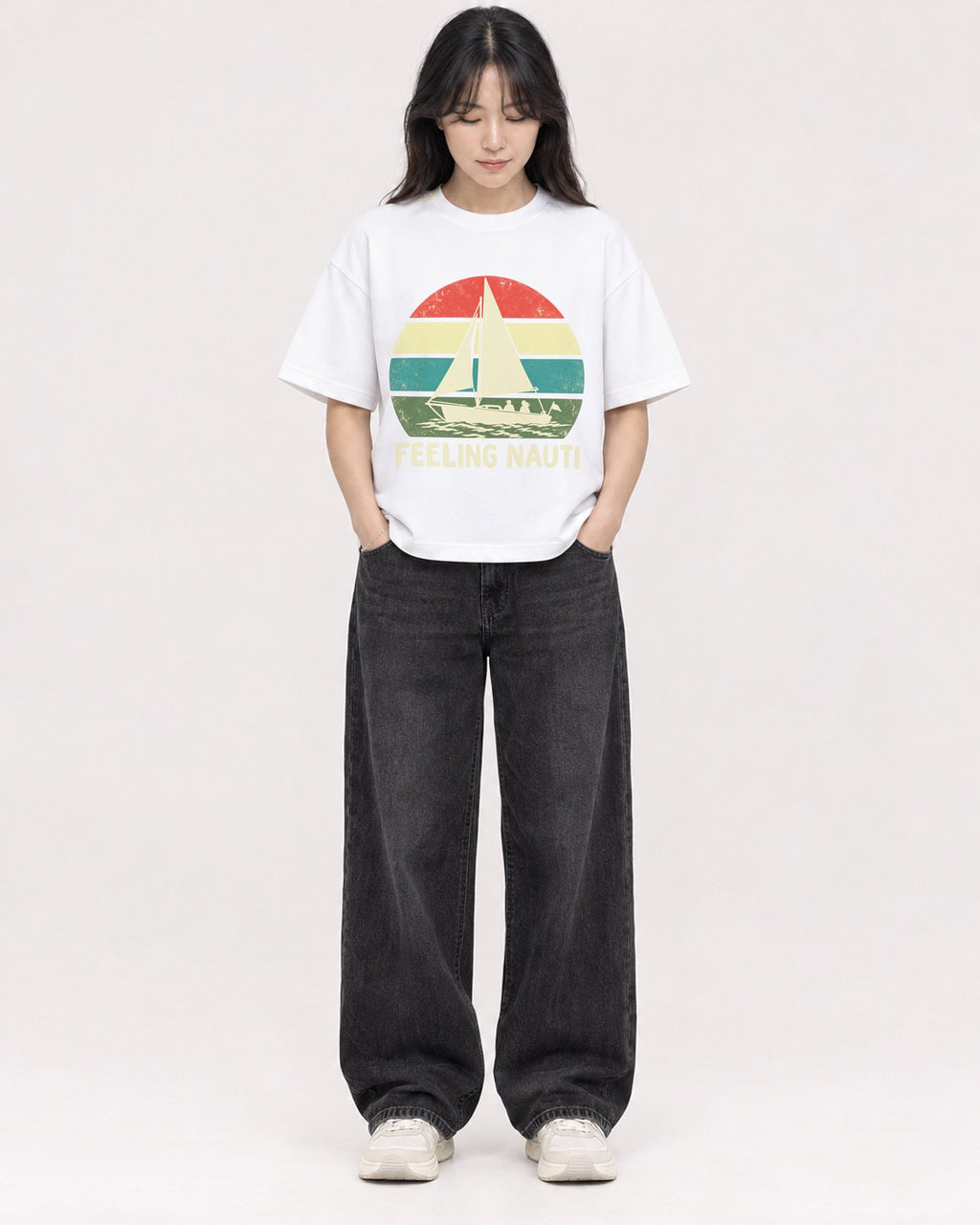 Mockup Boxy Heavyweight Tee White female full-body 13
