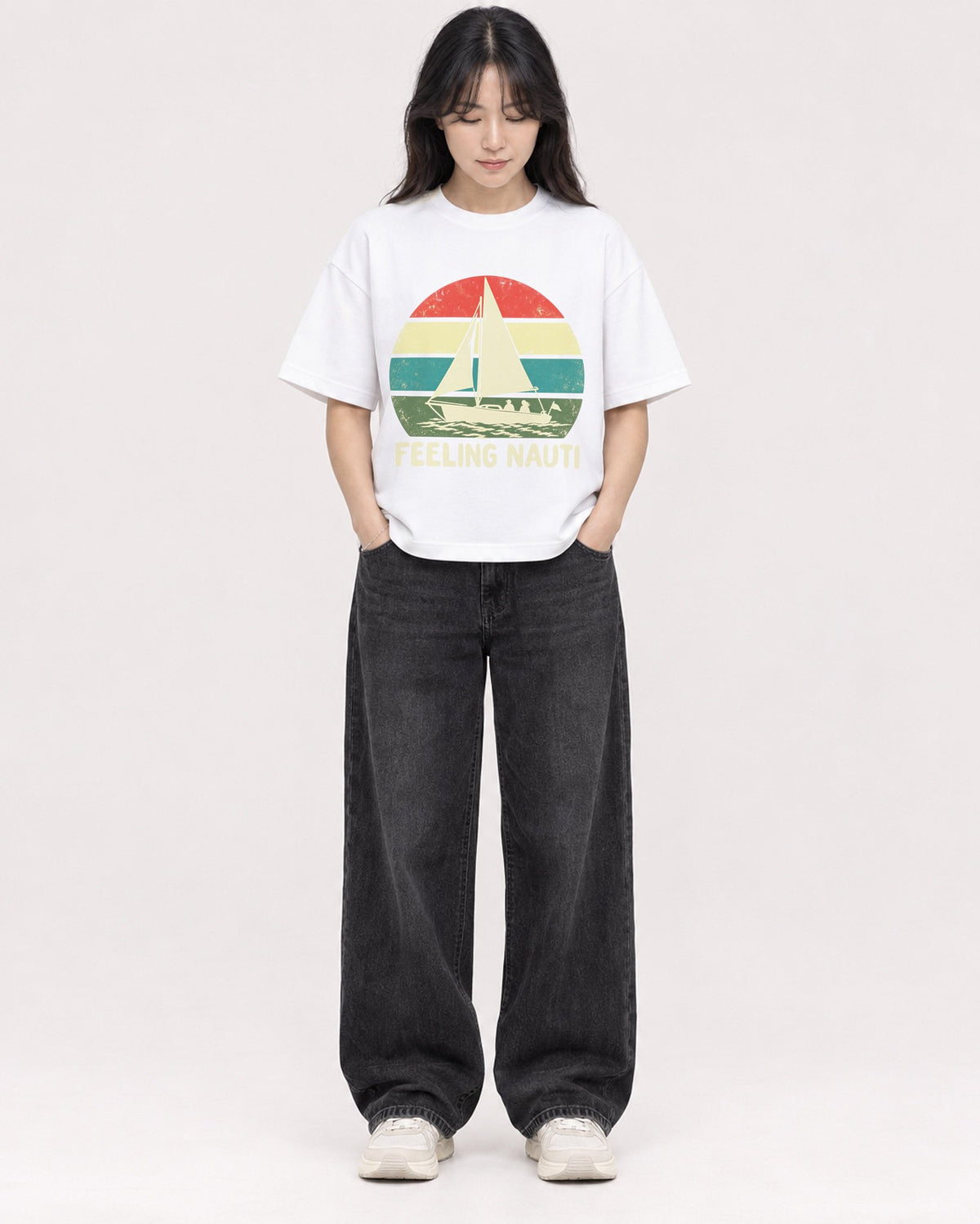 Mockup Boxy Heavyweight Tee White female full-body 13