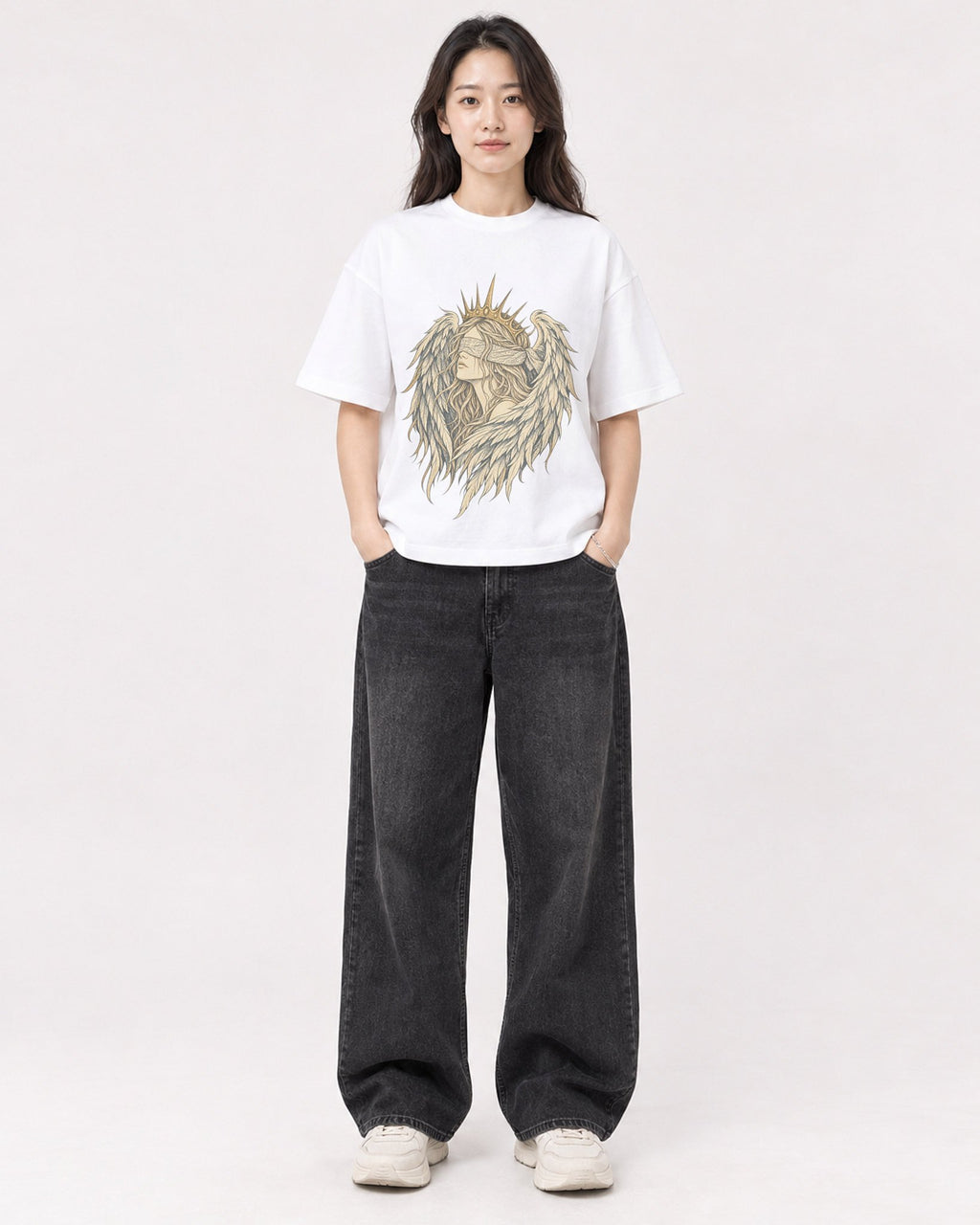 Mockup Boxy Heavyweight Tee White female full-body 03