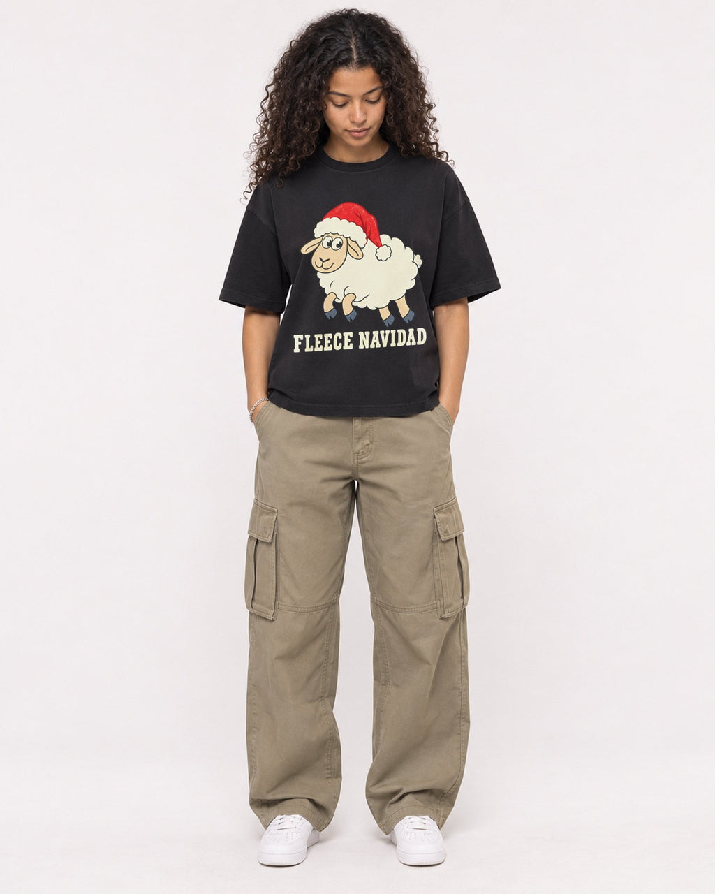 Mockup Boxy Heavyweight Tee Black female full-body 10