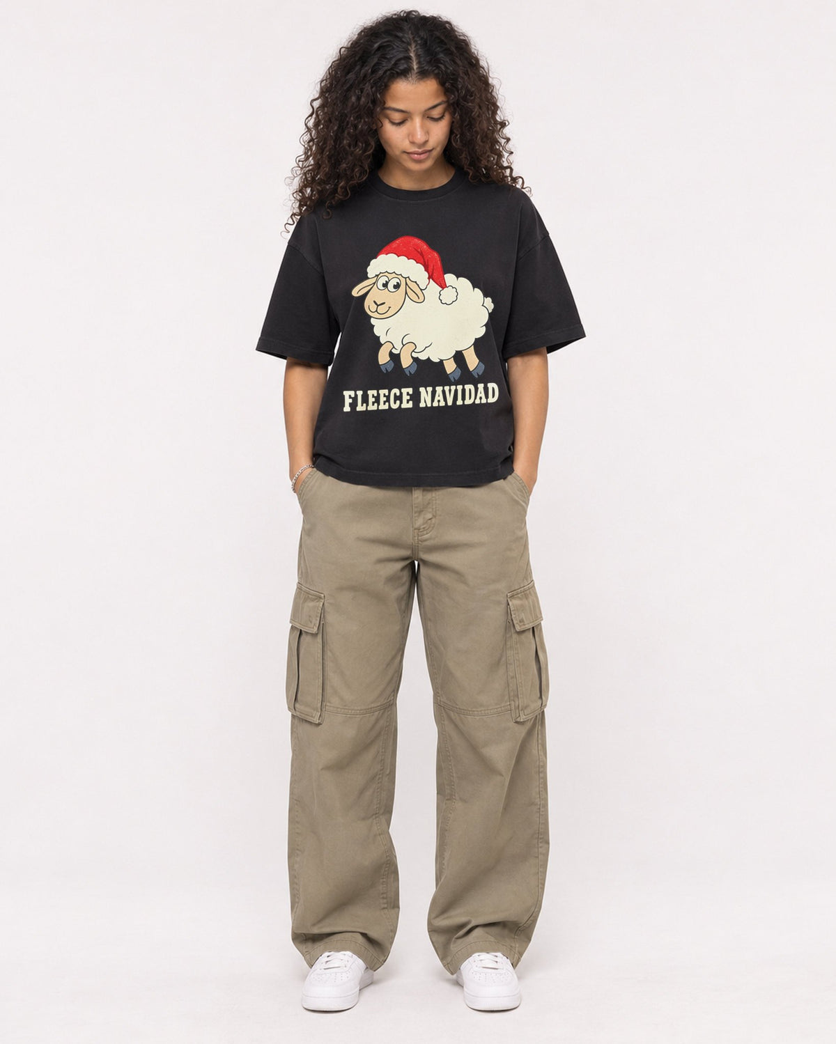 Mockup Boxy Heavyweight Tee Black female full-body 10