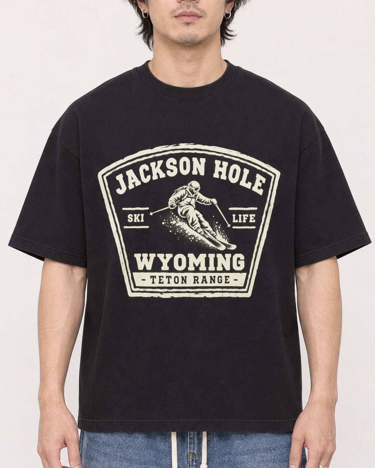 Mockup Boxy Heavyweight Tee Black male close-up 03