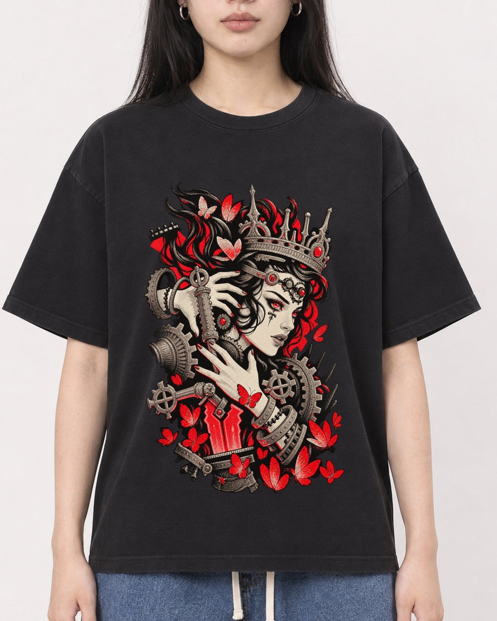 Mockup Boxy Heavyweight Tee Black female close-up 01