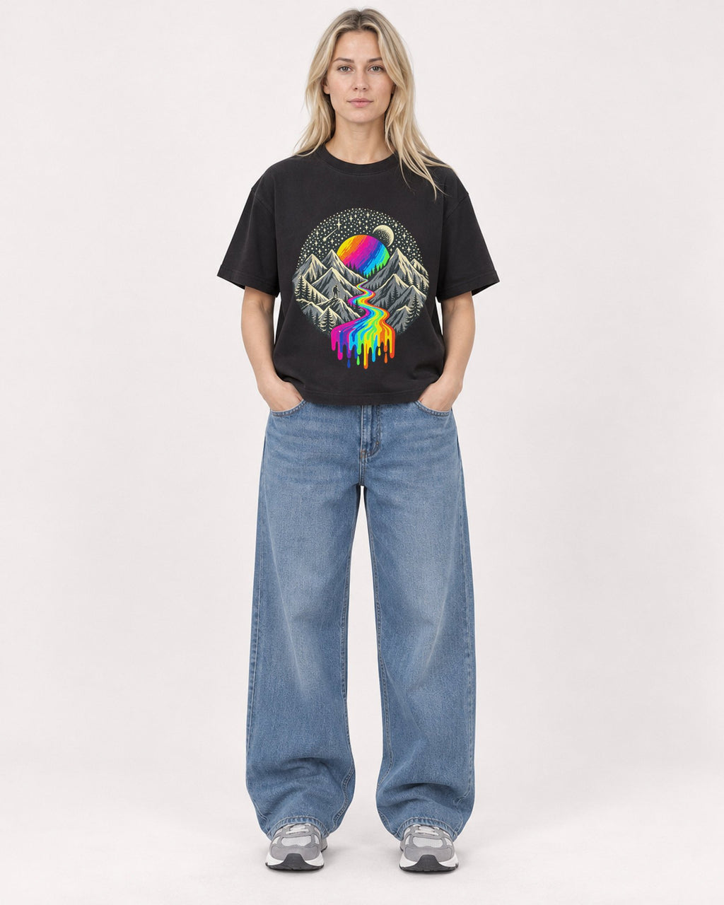 Mockup Boxy Heavyweight Tee Black female full-body 08