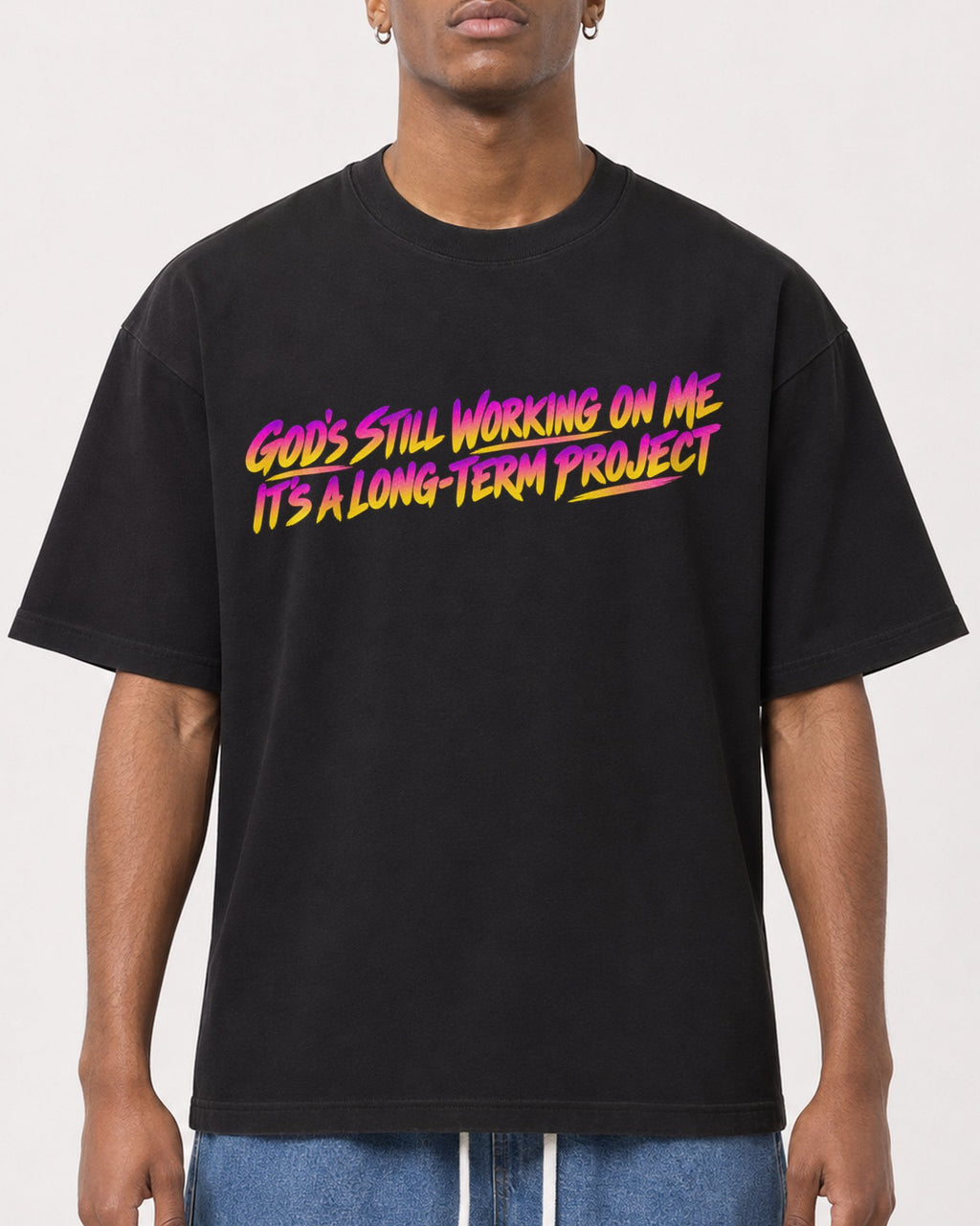 Mockup Boxy Heavyweight Tee Black male close-up 15