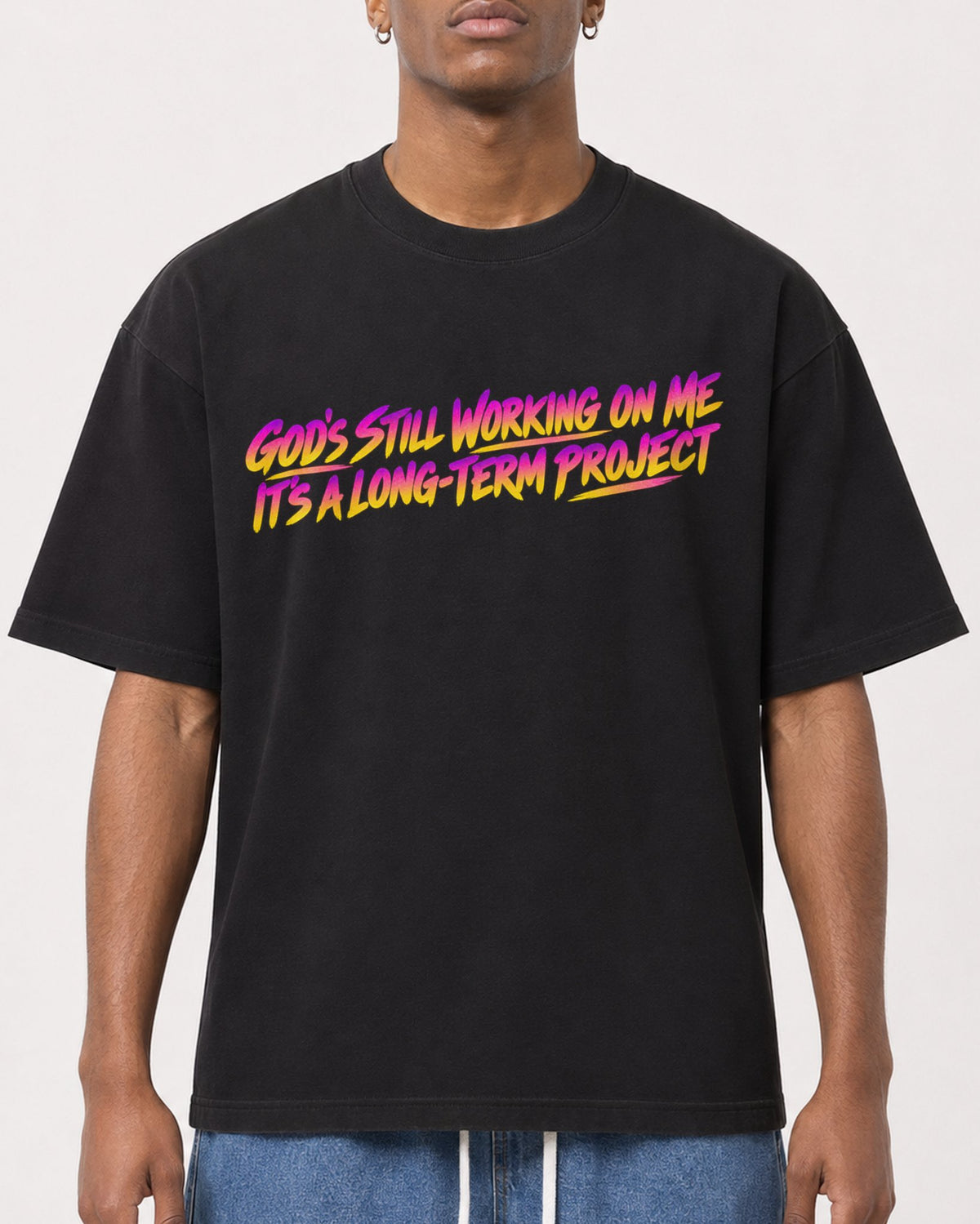Mockup Boxy Heavyweight Tee Black male close-up 15