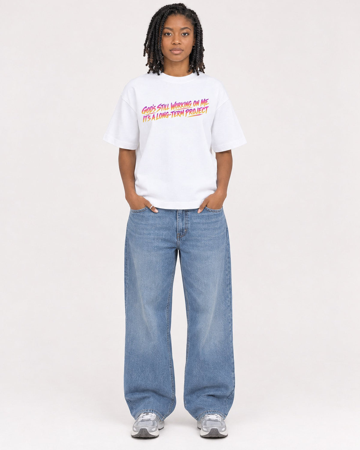 Mockup Boxy Heavyweight Tee White female full-body 15
