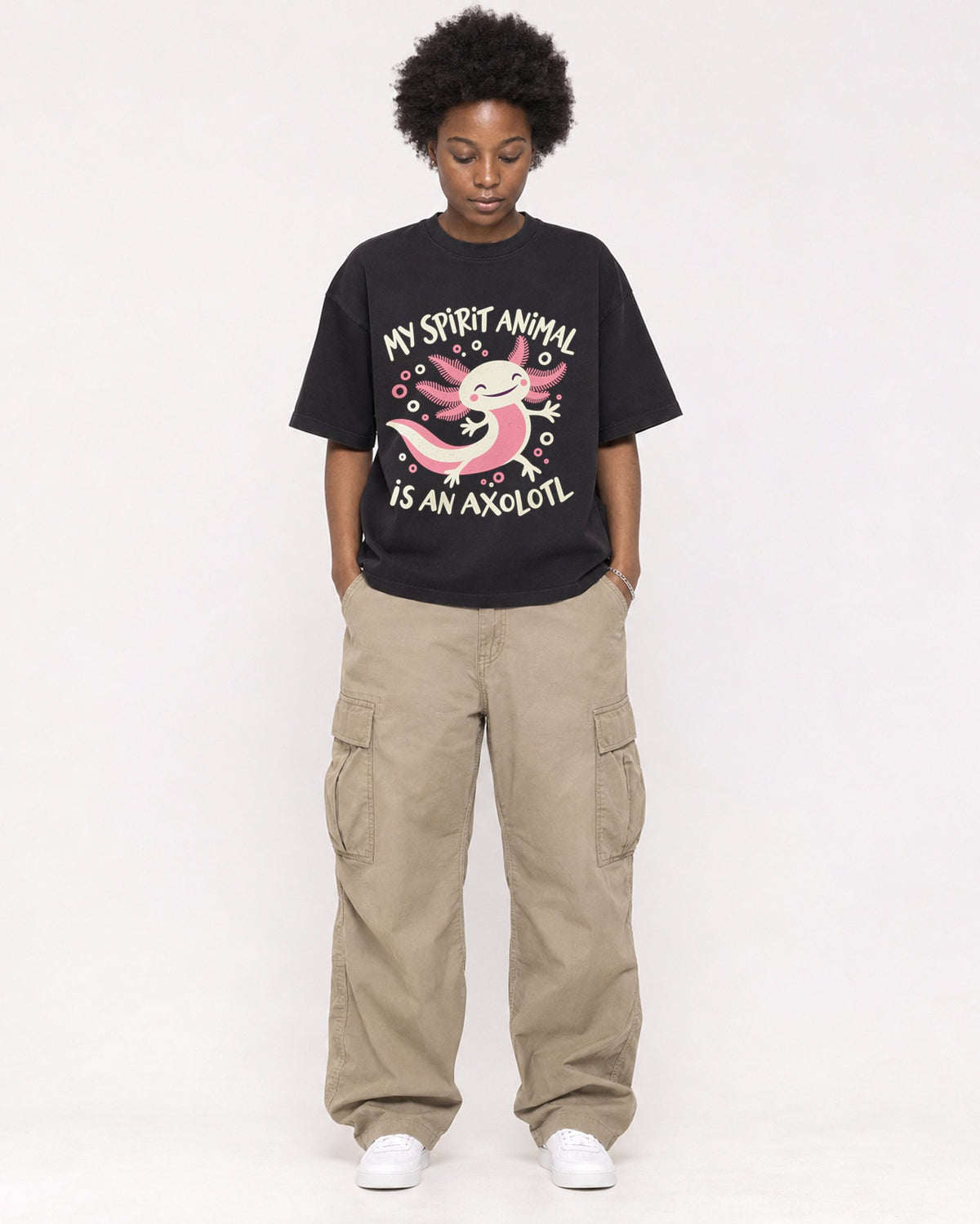 Mockup Boxy Heavyweight Tee Black female full-body 14