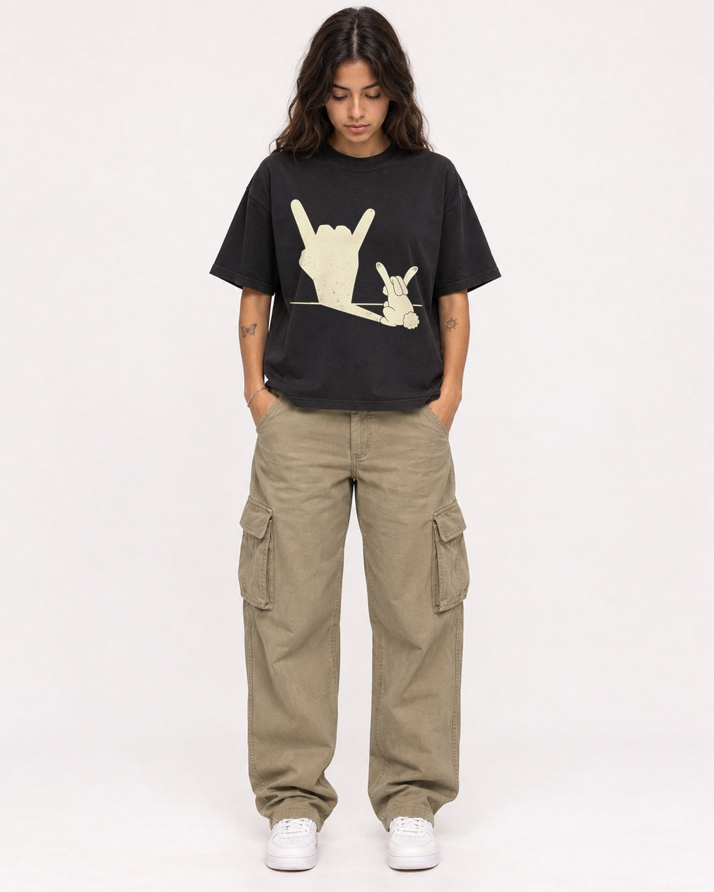 Mockup Boxy Heavyweight Tee Black female full-body 06