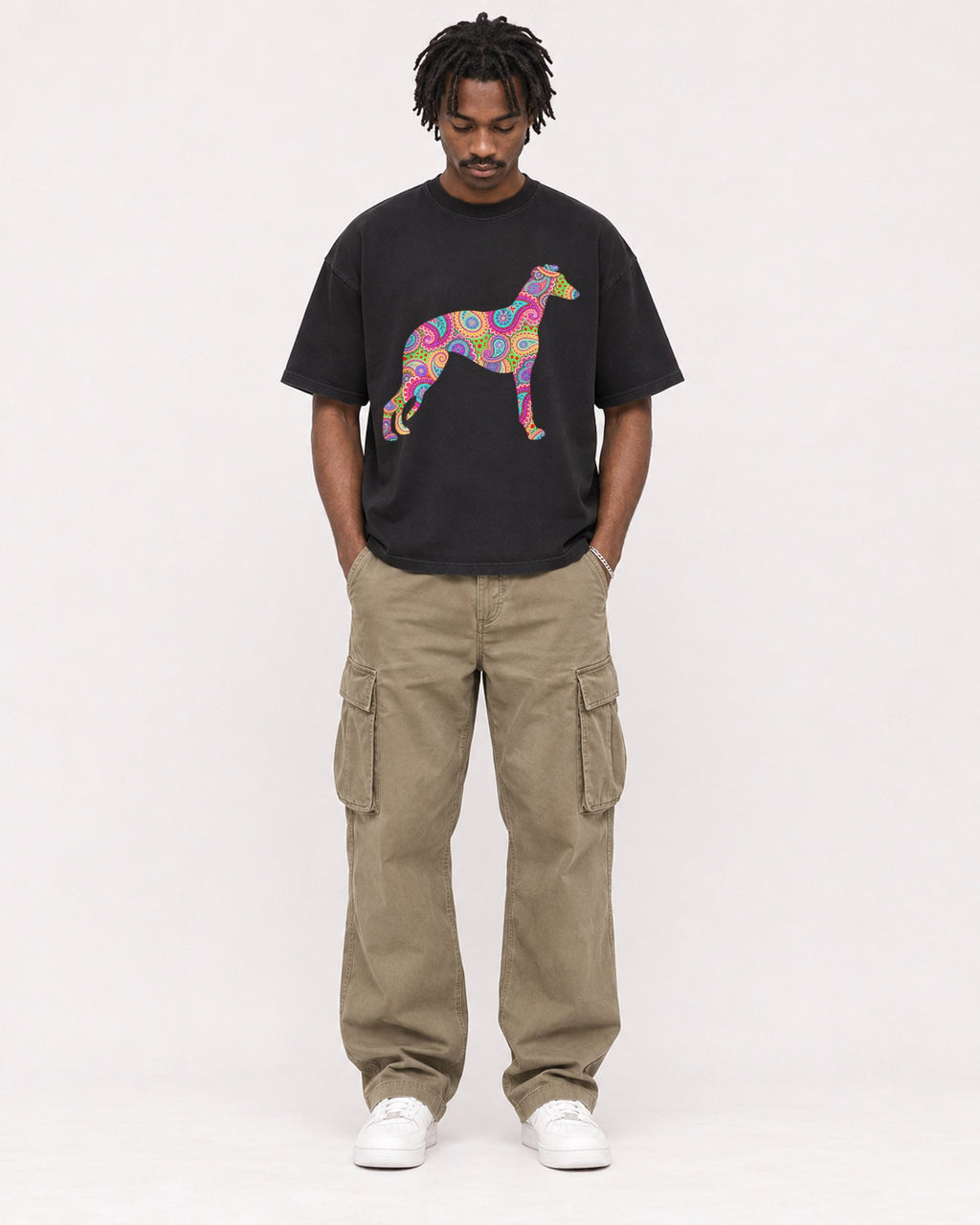 Mockup Boxy Heavyweight Tee Black male full-body 04