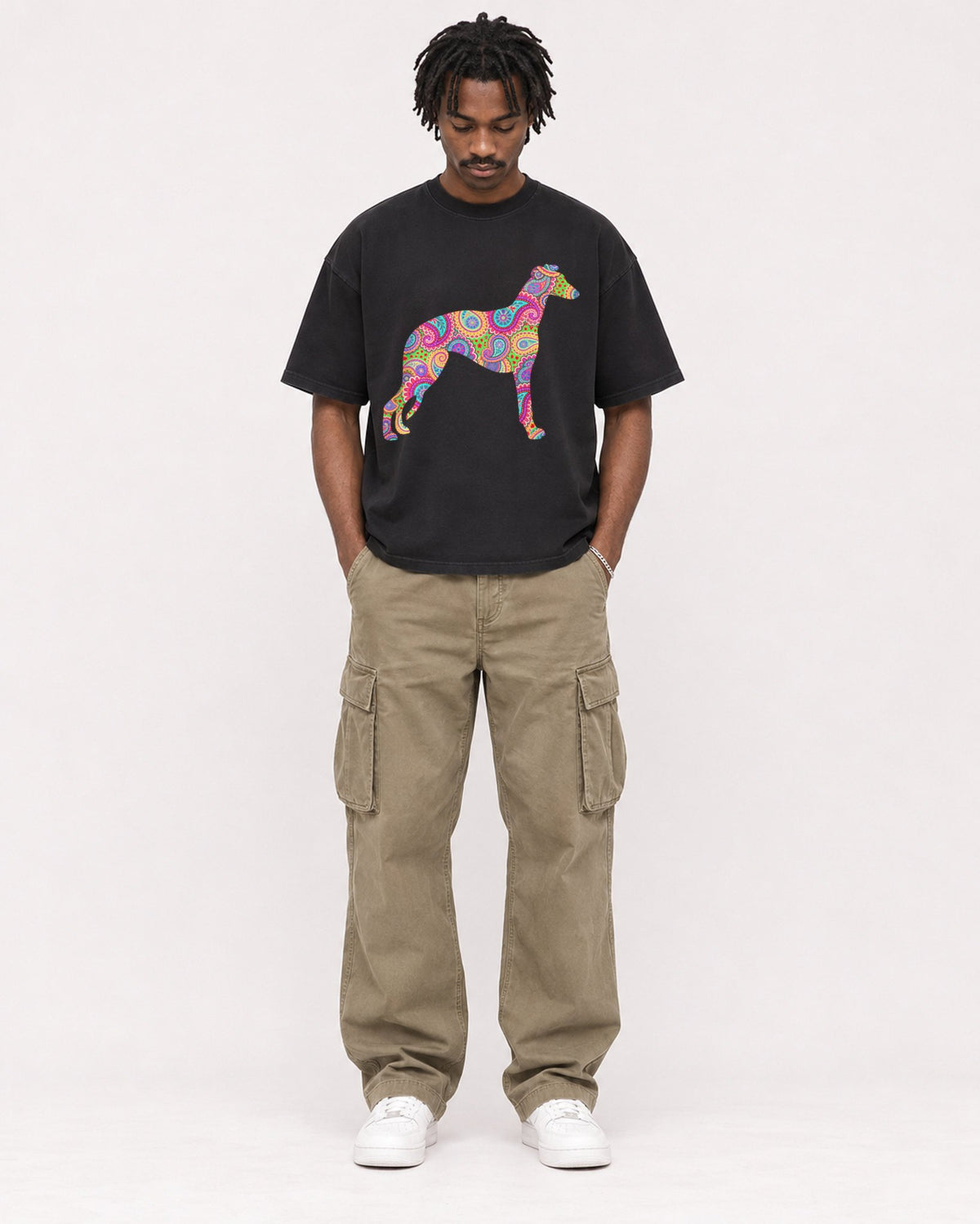 Mockup Boxy Heavyweight Tee Black male full-body 04