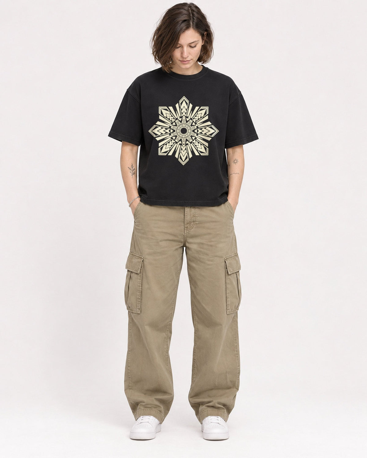 Mockup Boxy Heavyweight Tee Black female full-body 18