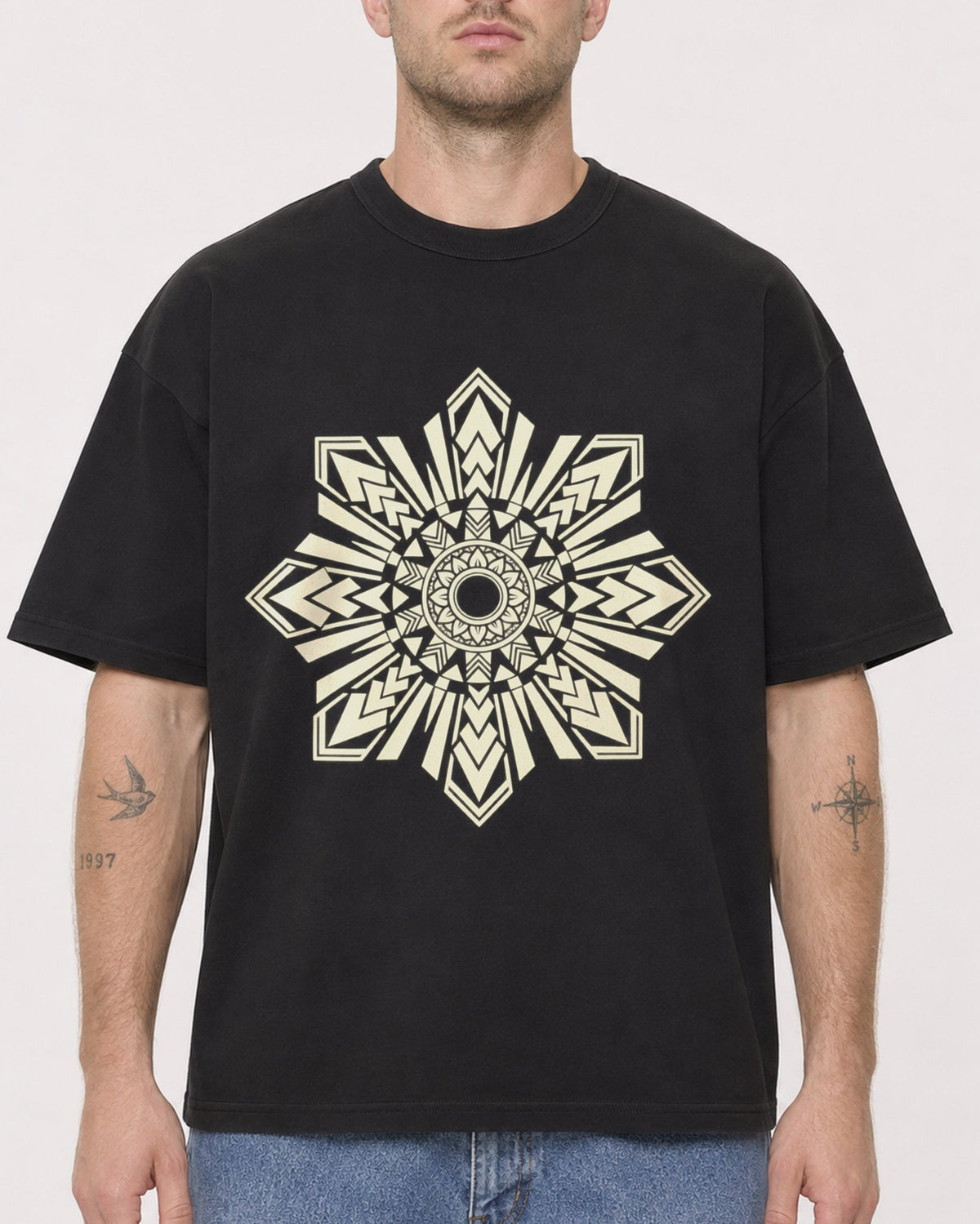 Mockup Boxy Heavyweight Tee Black male close-up 18