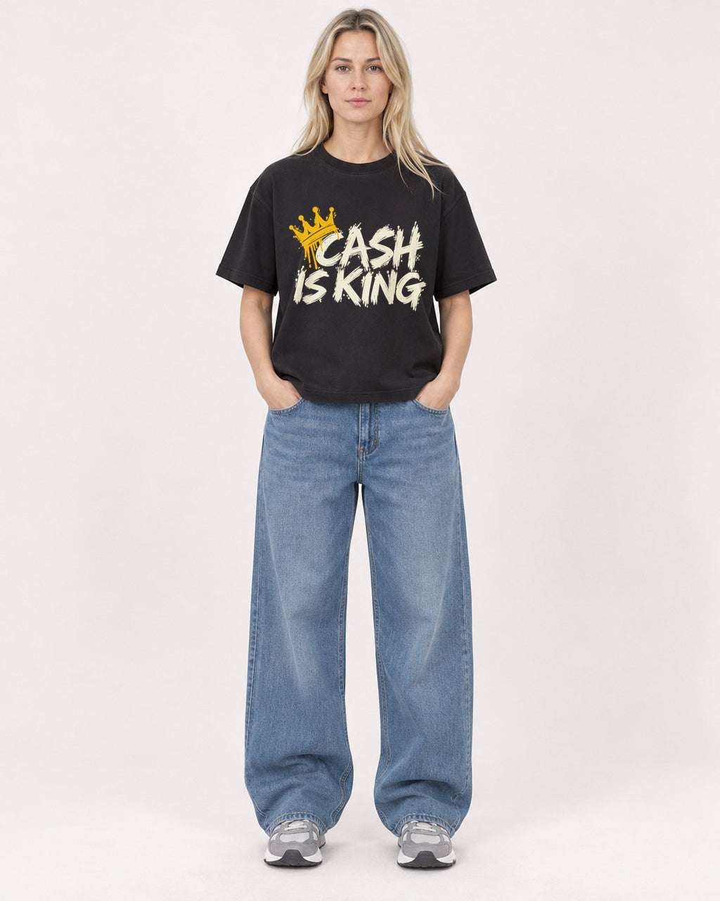 Mockup Boxy Heavyweight Tee Black female full-body 08
