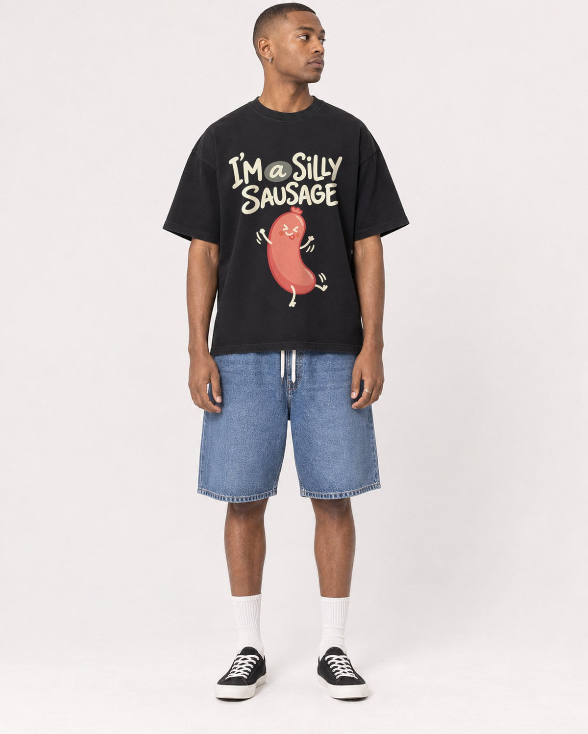 Mockup Boxy Heavyweight Tee Black male full-body 35