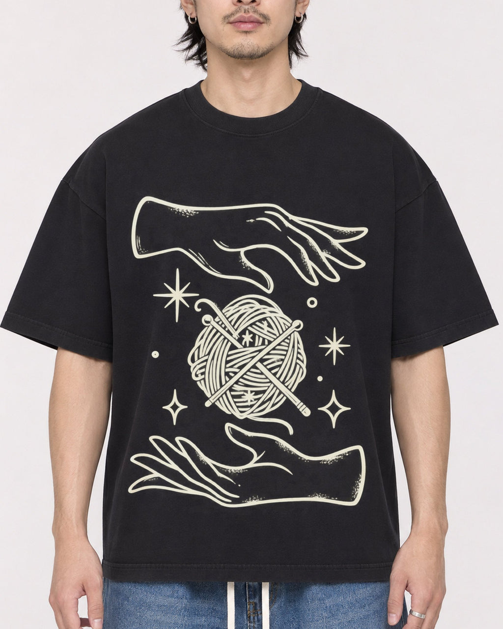 Mockup Boxy Heavyweight Tee Black male close-up 23