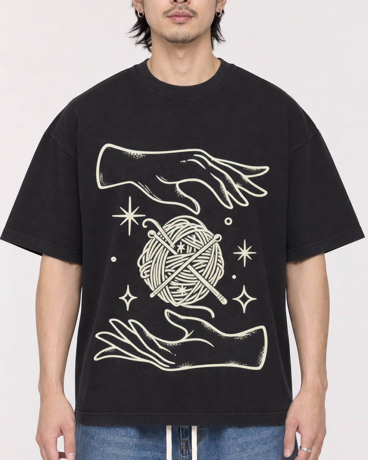 Mockup Boxy Heavyweight Tee Black male close-up 23