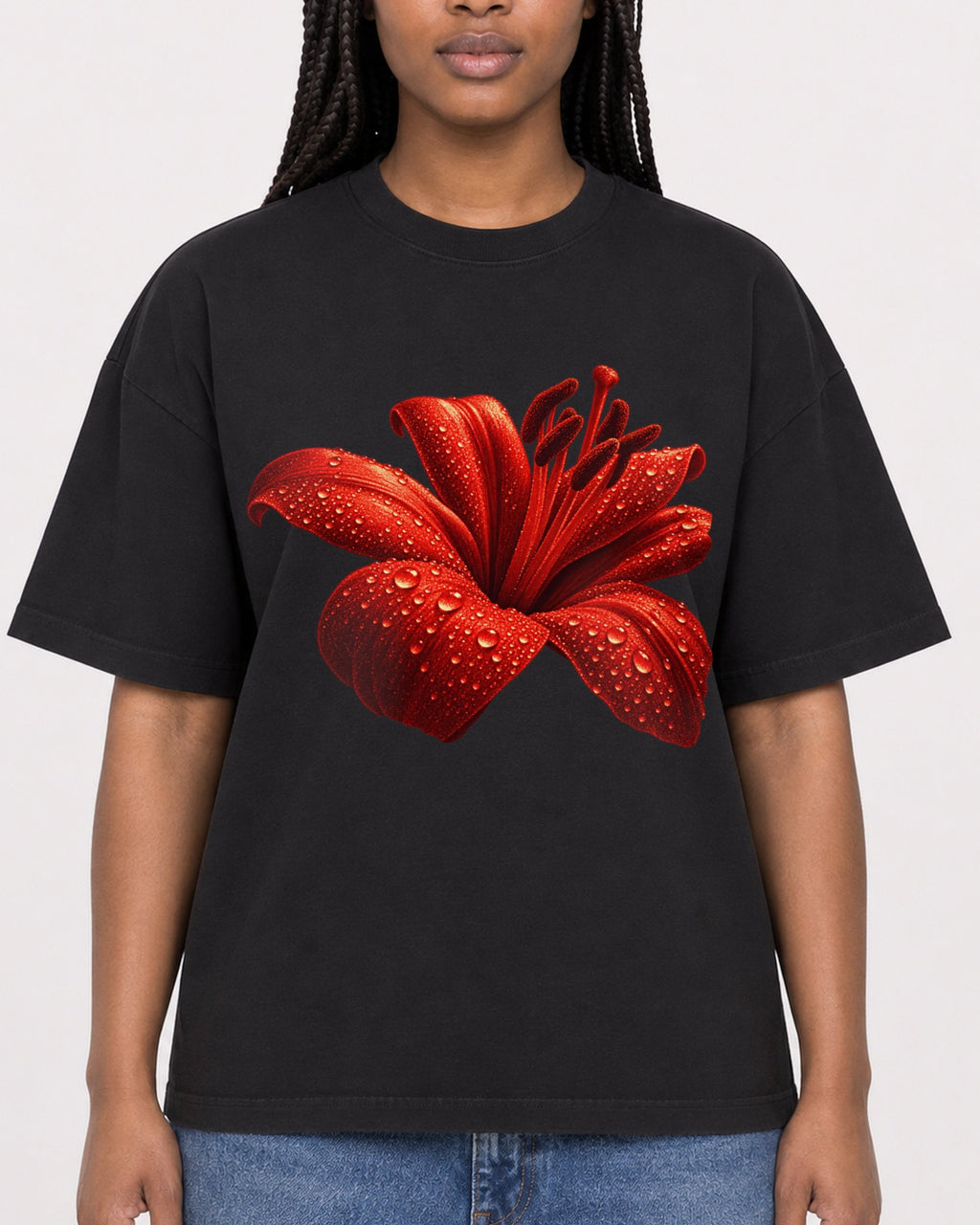 Mockup Boxy Heavyweight Tee Black female close-up 04