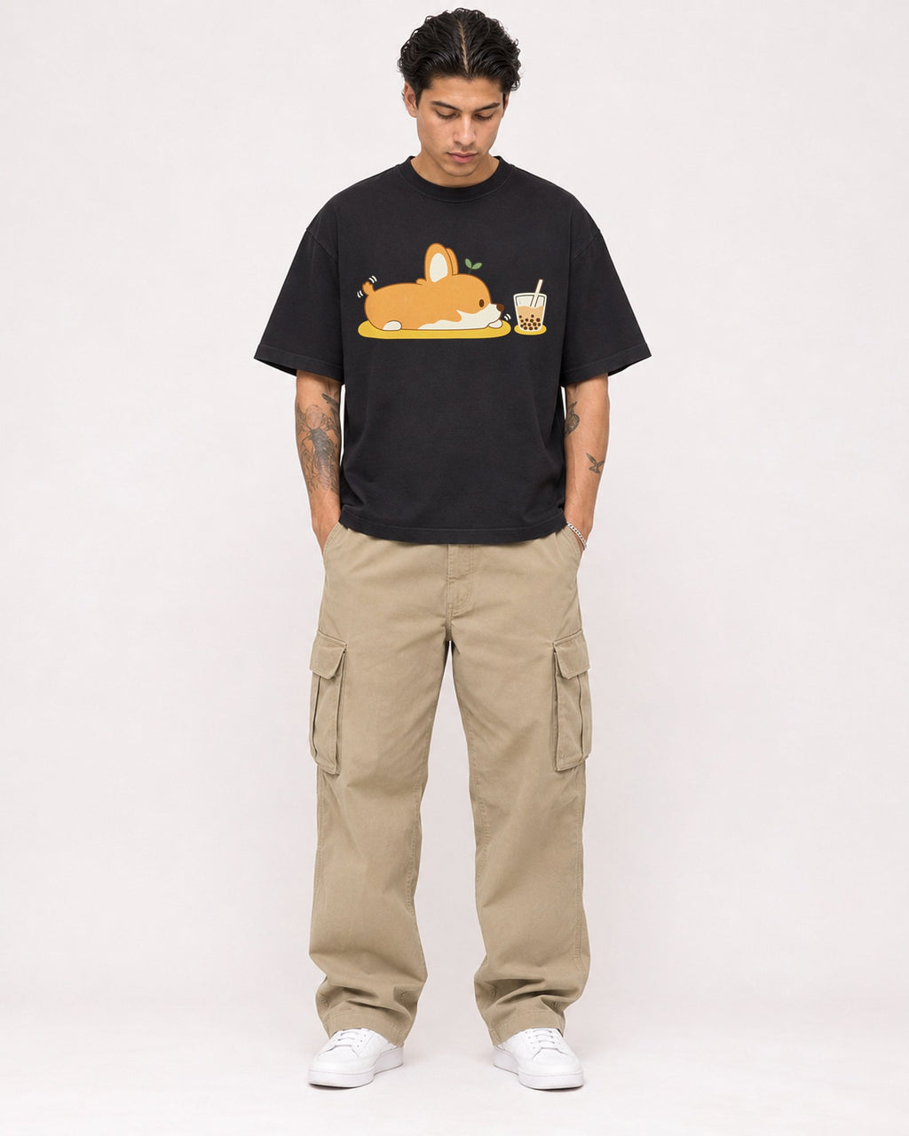 Mockup Boxy Heavyweight Tee Black male full-body 36