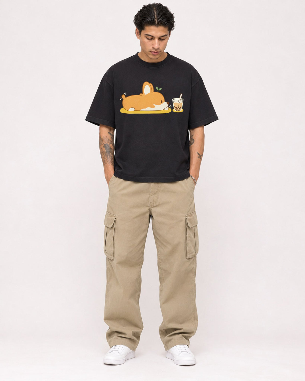 Mockup Boxy Heavyweight Tee Black male full-body 36