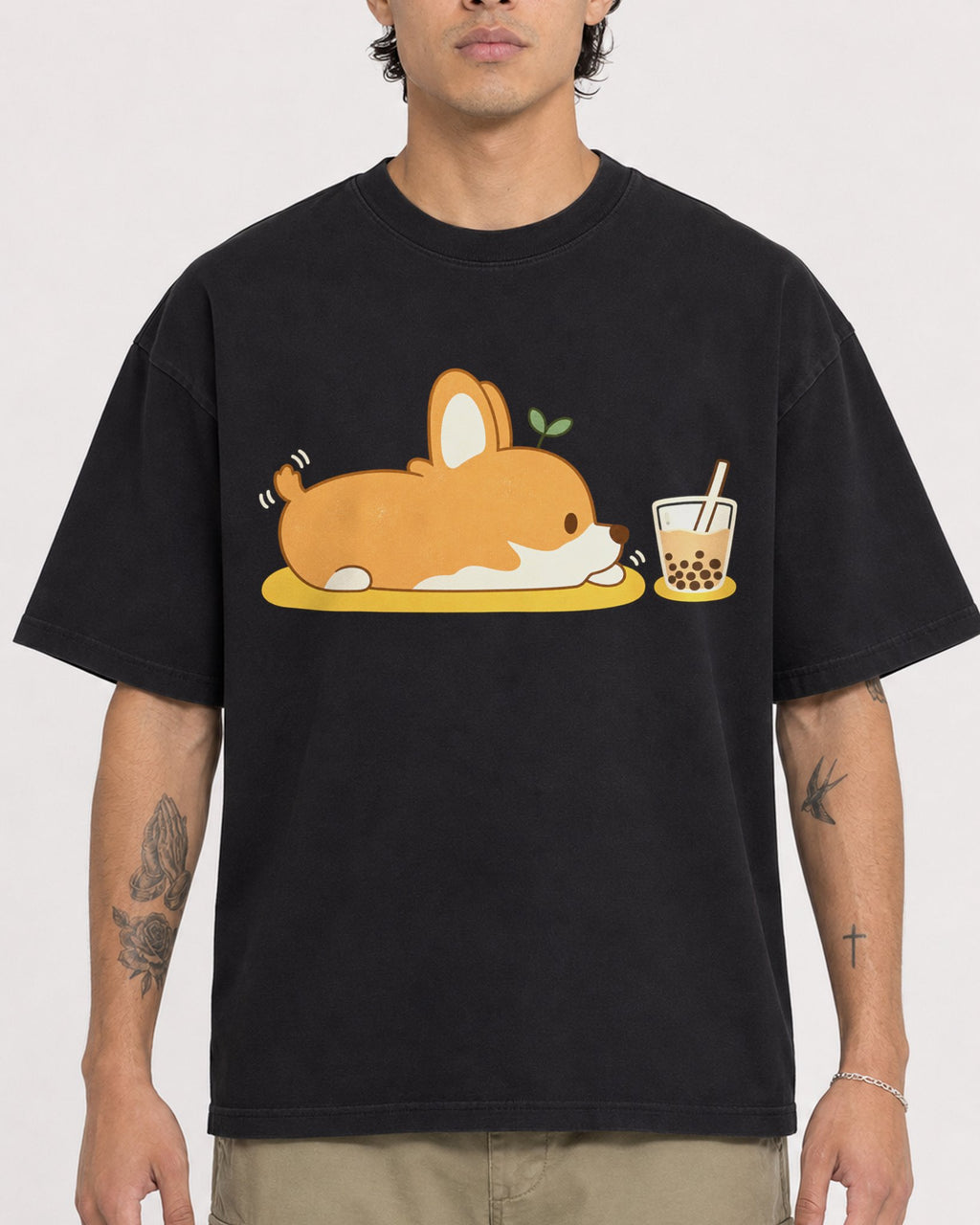 Mockup Boxy Heavyweight Tee Black male close-up 36