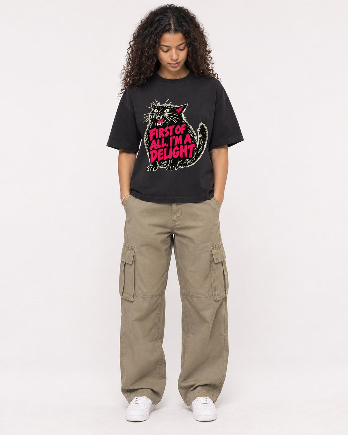Mockup Boxy Heavyweight Tee Black female full-body 10