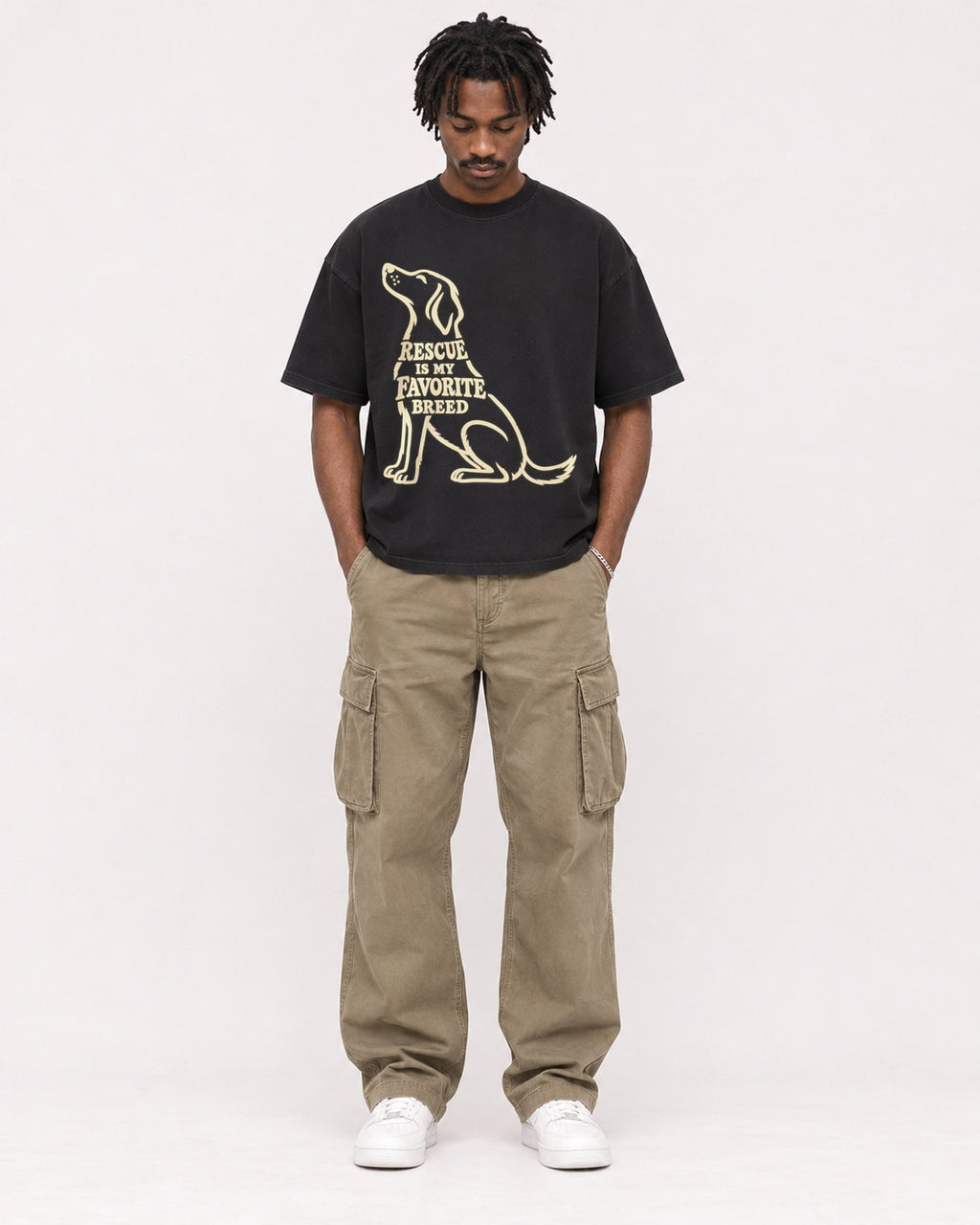 Mockup Boxy Heavyweight Tee Black male full-body 04