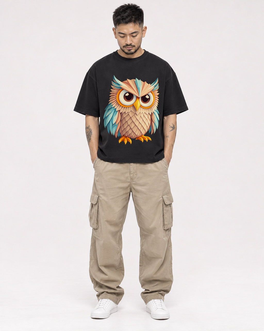Mockup Boxy Heavyweight Tee Black male full-body 12