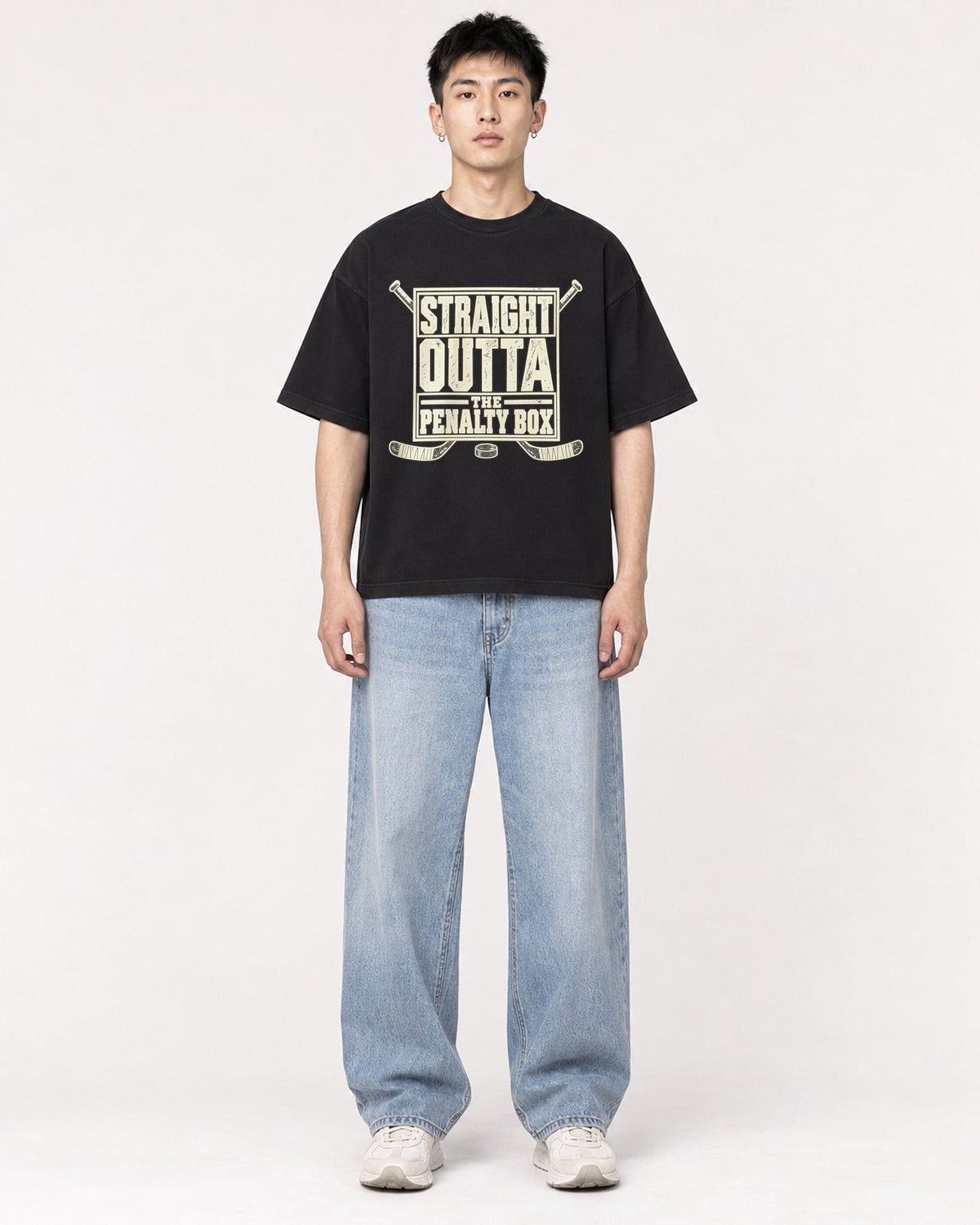 Mockup Boxy Heavyweight Tee Black male full-body 21