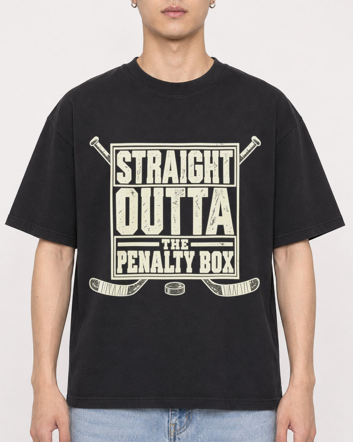 Mockup Boxy Heavyweight Tee Black male close-up 21