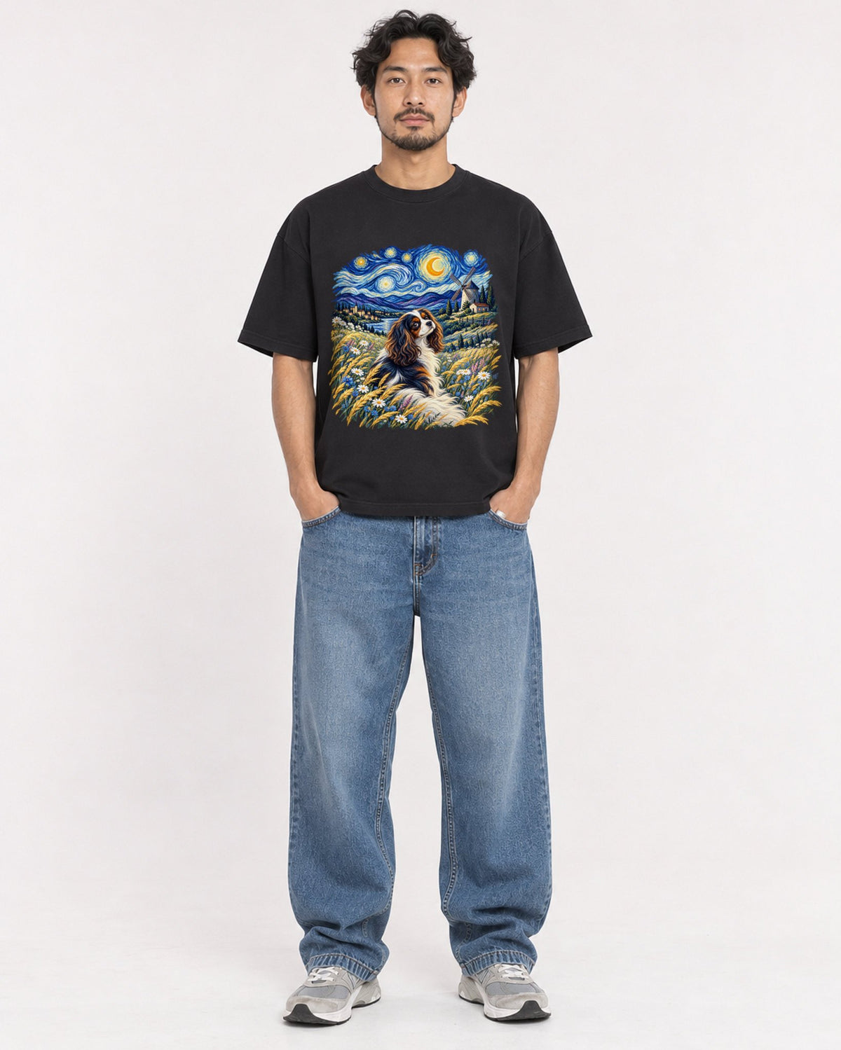 Mockup Boxy Heavyweight Tee Black male full-body 02