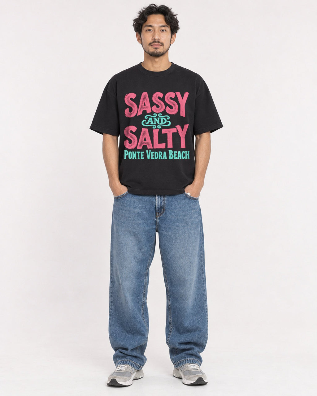 Mockup Boxy Heavyweight Tee Black male full-body 02