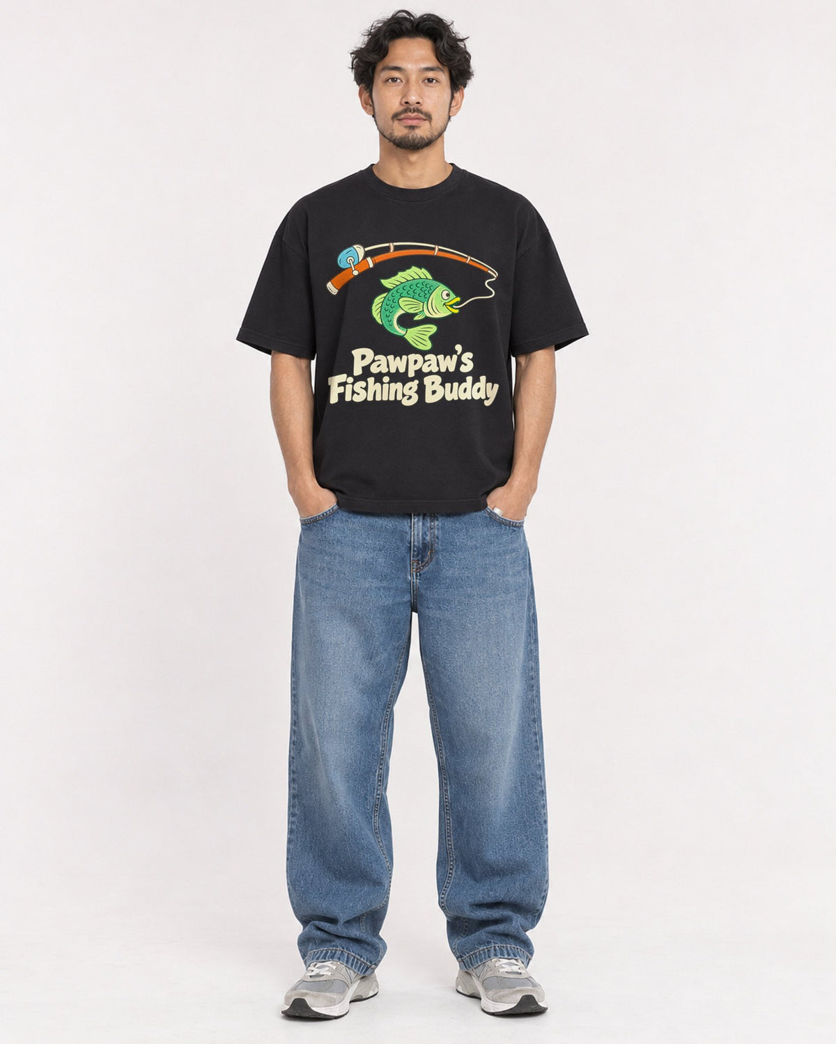 Mockup Boxy Heavyweight Tee Black male full-body 02