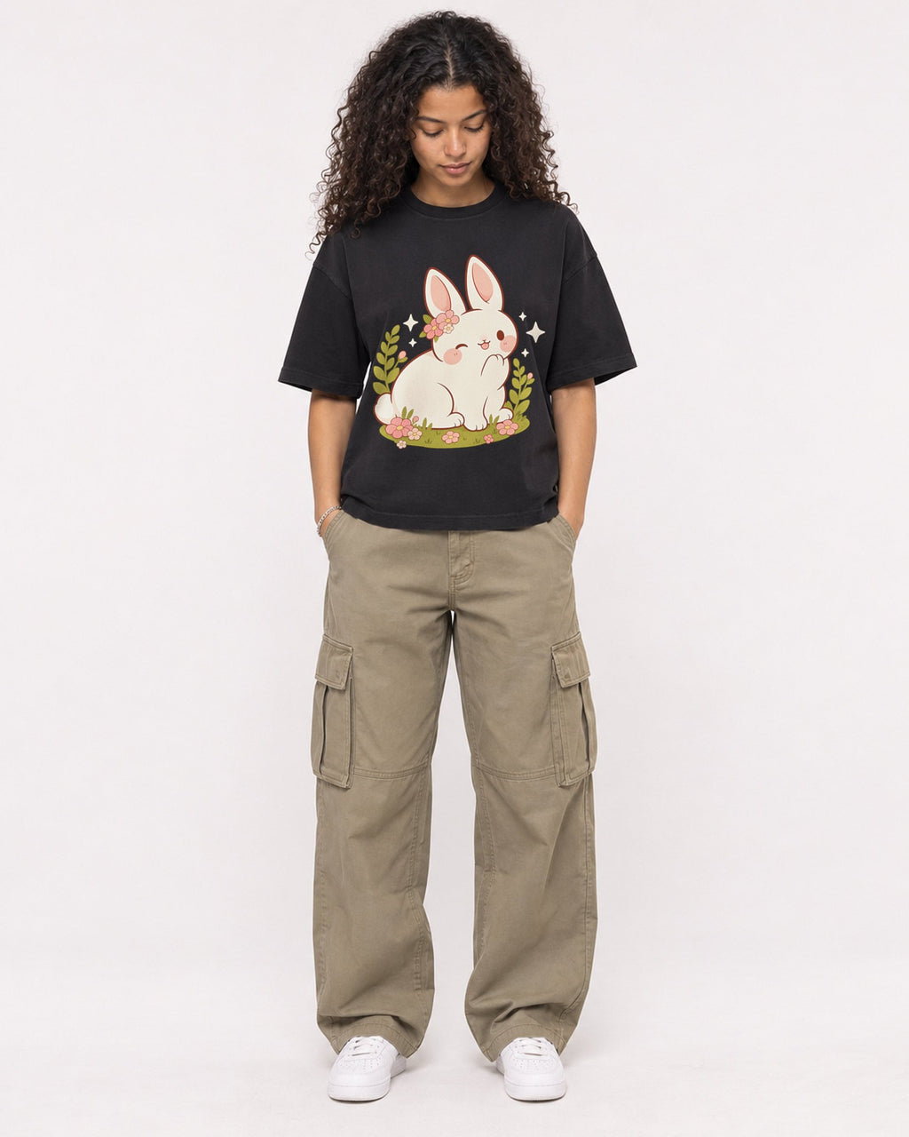 Mockup Boxy Heavyweight Tee Black female full-body 10
