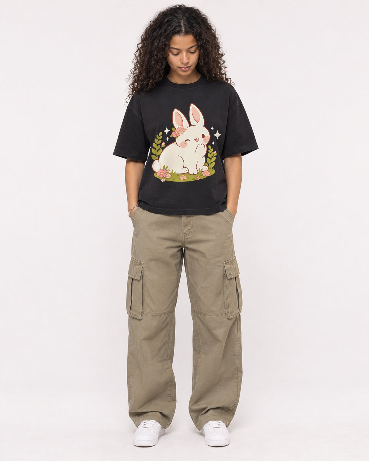 Mockup Boxy Heavyweight Tee Black female full-body 10