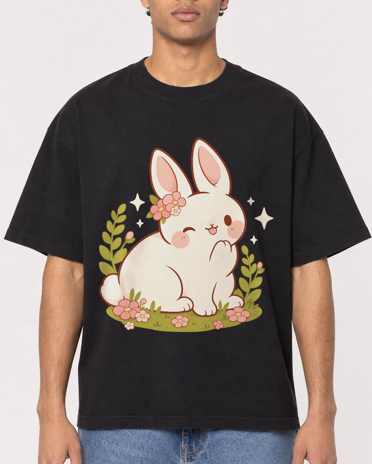 Mockup Boxy Heavyweight Tee Black male close-up 10