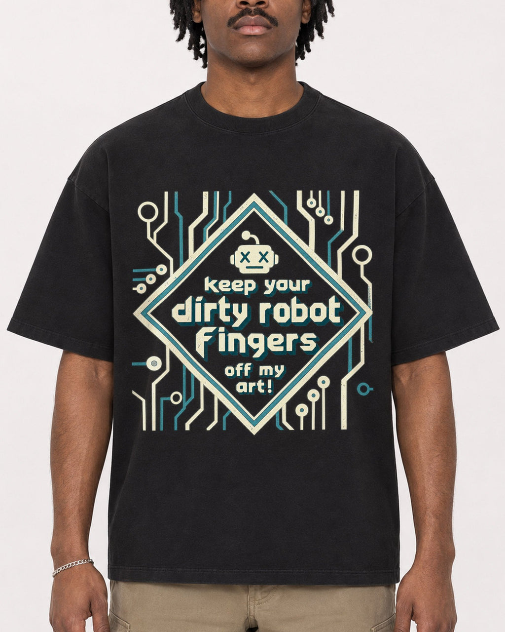 Mockup Boxy Heavyweight Tee Black male close-up 04
