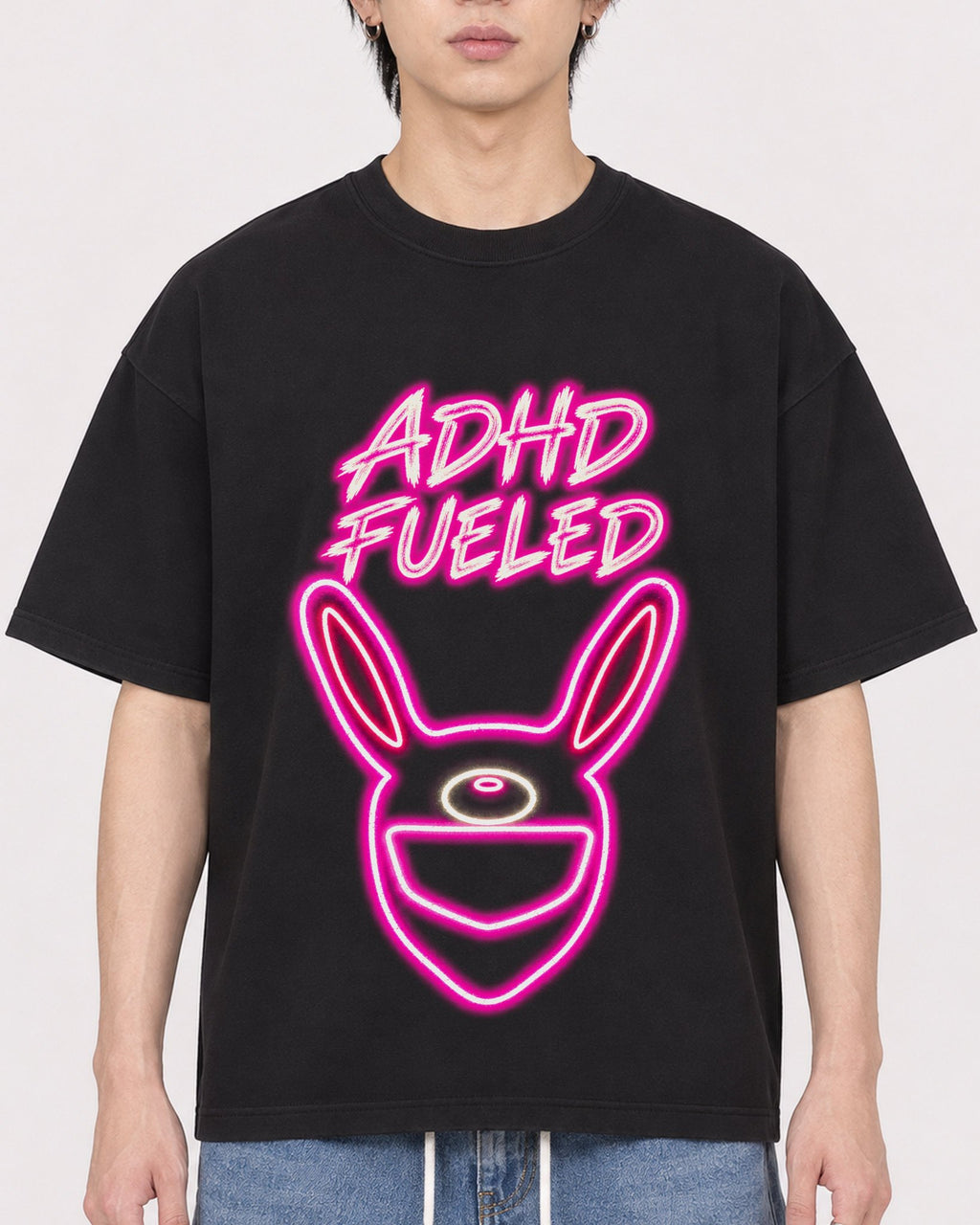 Mockup Boxy Heavyweight Tee Black male close-up 11