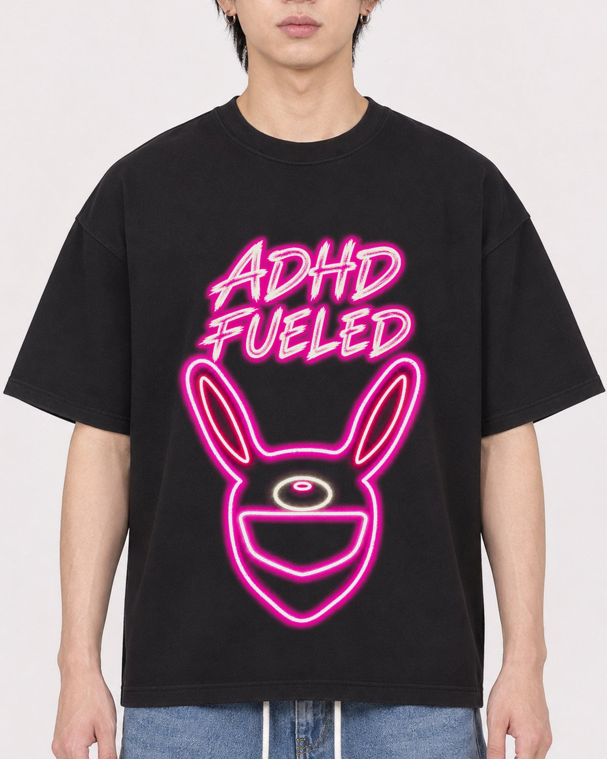 Mockup Boxy Heavyweight Tee Black male close-up 11